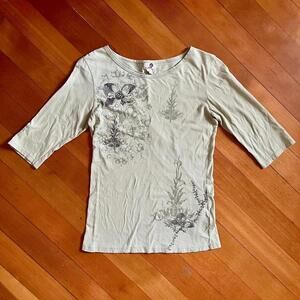 Vintage Y2k One World 3/4 Sleeve Sage Green Graphic T-Shirt, Size Large